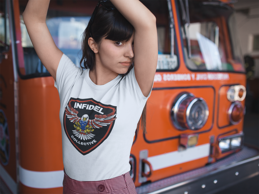 Red-Line Eagle Shield Patriotic Graphic T-Shirt featuring a bold eagle, shield, and red-line detail. A rugged American pride design for patriots, bikers, and truckers.