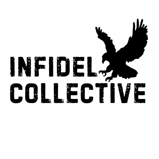 Infidel Collective logo featuring bold distressed text with an eagle in flight, symbolizing freedom, strength, and patriotism.