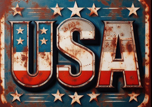 Rustic USA-themed design with bold red, white, and blue lettering and distressed metal texture, symbolizing American pride and patriotism.