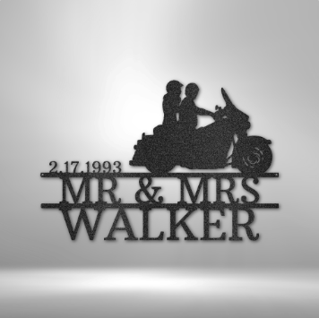 Custom motorcycle-themed steel sign featuring a silhouette of a biker couple on a cruiser. Personalized with names and dates, making it the perfect gift for bikers, anniversaries, or home décor.