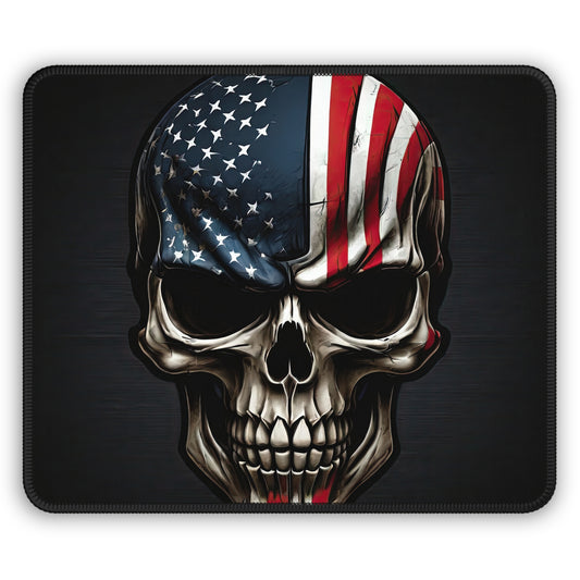 Patriotic skull mouse pad with a vintage American flag and battle-worn details.