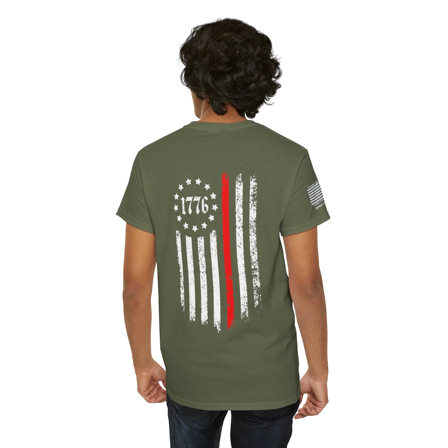 Thin Red Line 1776 Betsy Ross Patriotic First Responder Flag T-Shirt (Back Print)