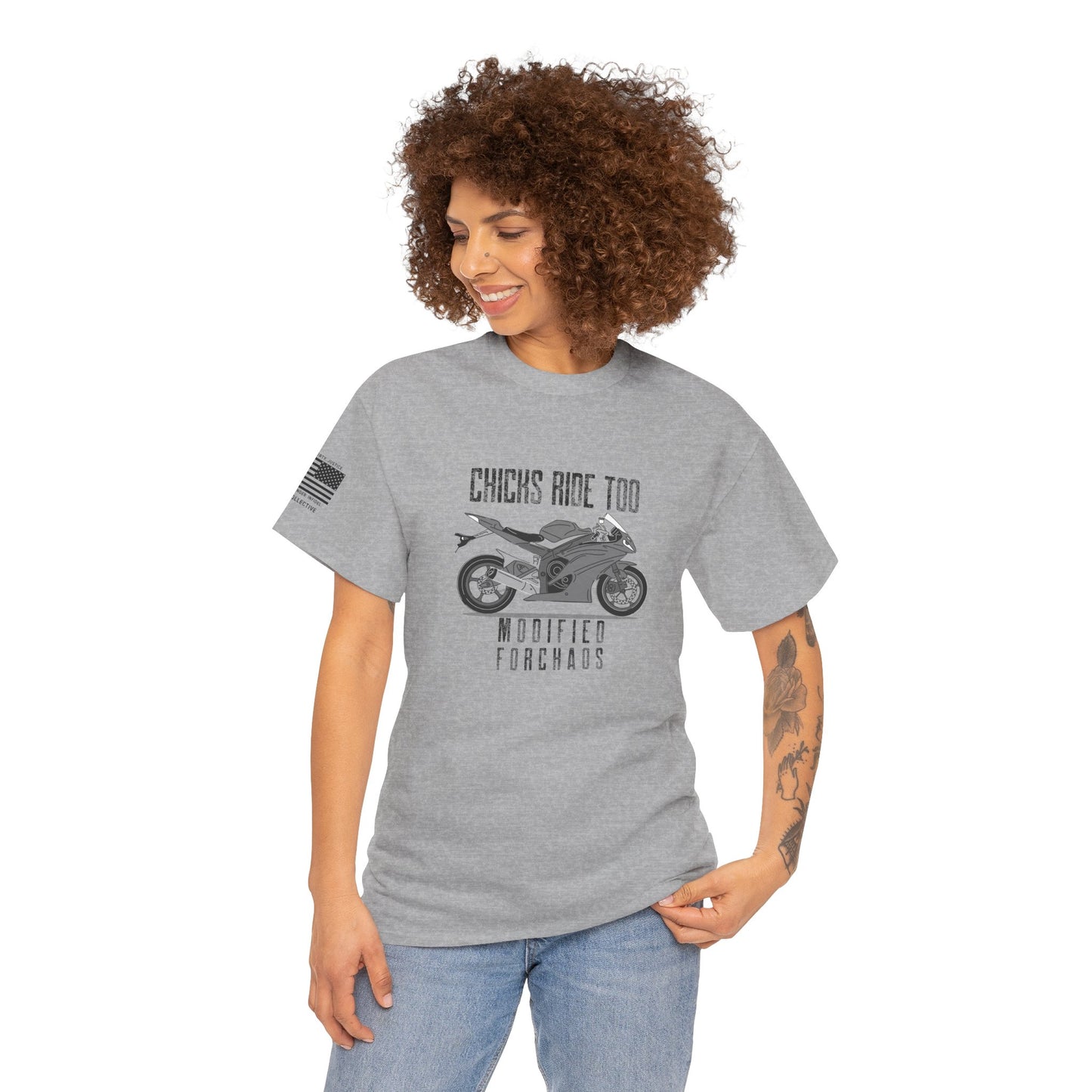 Chicks Ride Too – Modified FORCHAOS Sport Bike Graphic T-Shirt