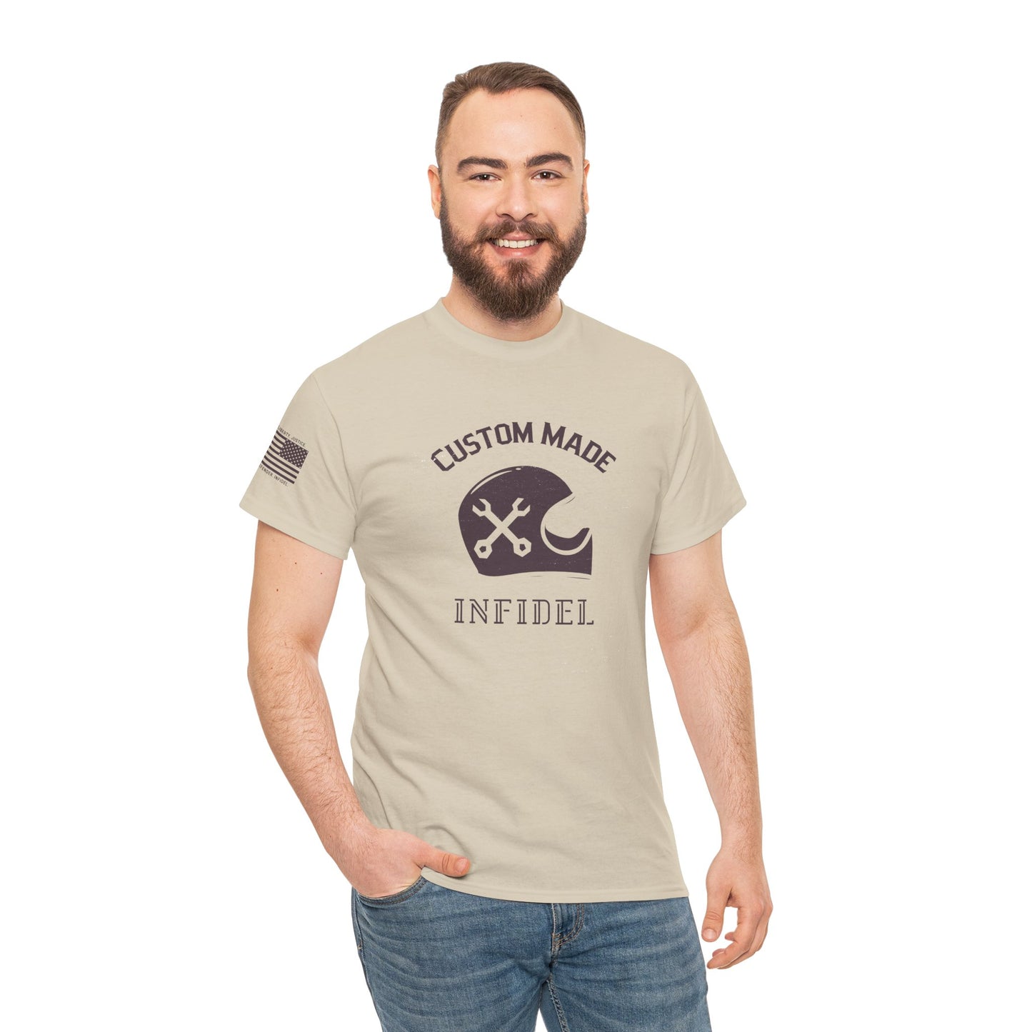 Custom Made Infidel – Vintage Biker Mechanic Helmet Graphic T-Shirt