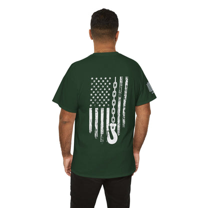 Hooked Tow Truck Driver Distressed Flag T-Shirt (Backside Print)