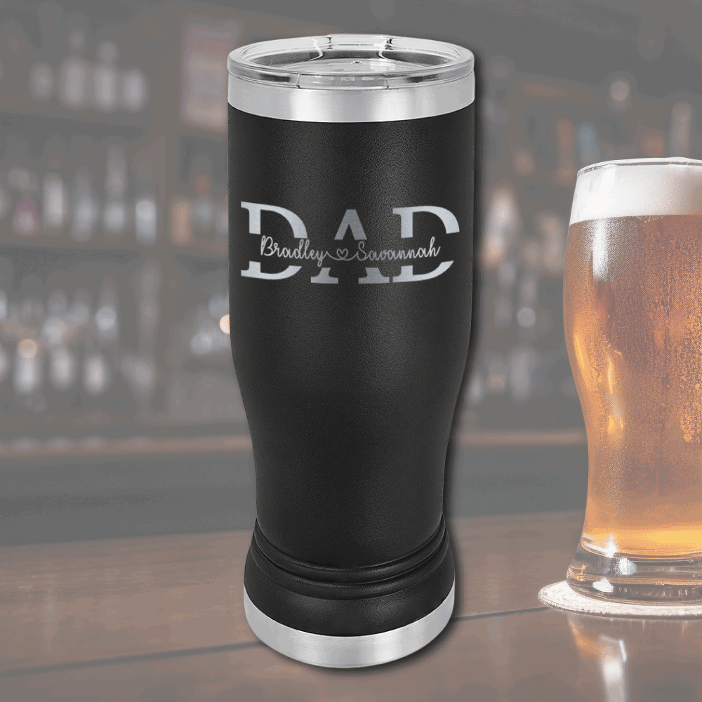 A double-wall vacuum-insulated black tumbler with a sleek, tapered design, keeping drinks hot or cold longer. Engraved leatherette wrap adds style and grip.