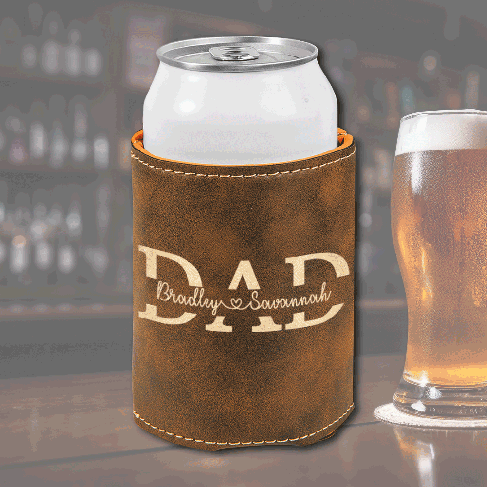 Personalized Leather Koozie: Brown leatherette koozie with engraved custom name, holding a 12oz can on a bar counter.