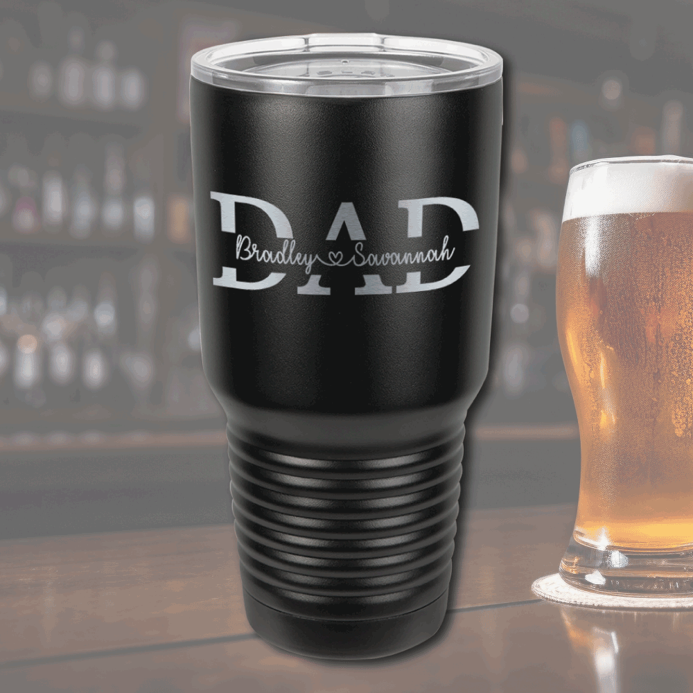 Personalized 30oz Stainless Steel Tumbler: Stainless steel 30oz tumbler with custom engraved name, double-wall insulated, and clear sliding lid.