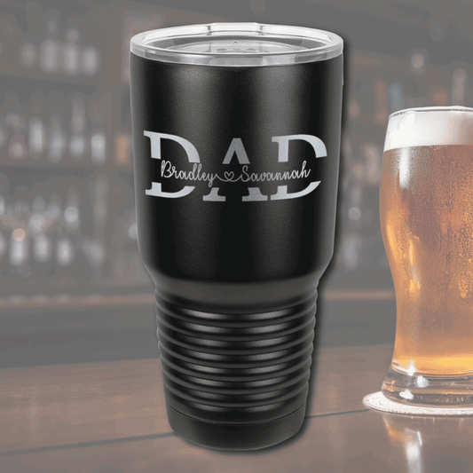 Personalized 30oz Stainless Steel Tumbler: Stainless steel 30oz tumbler with custom engraved name, double-wall insulated, and clear sliding lid.