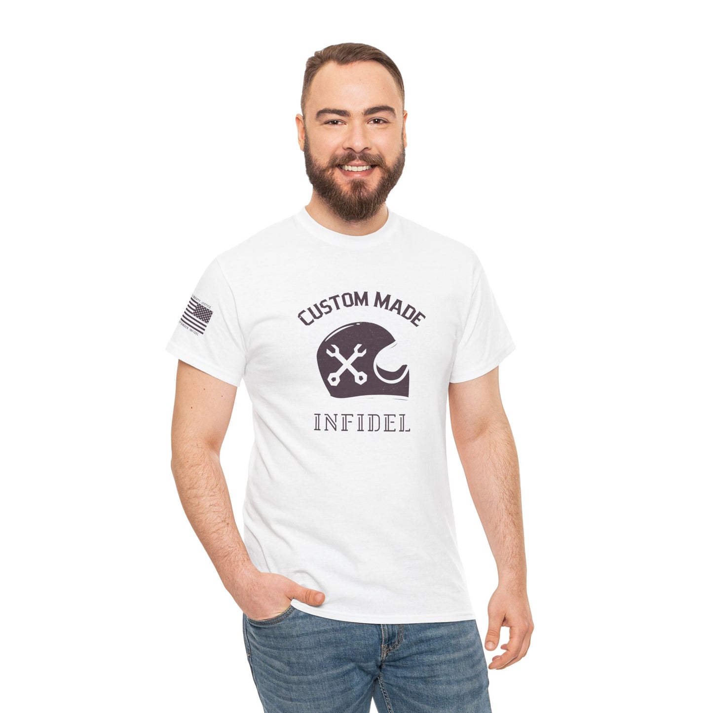 Custom Made Infidel – Vintage Biker Mechanic Helmet Graphic T-Shirt