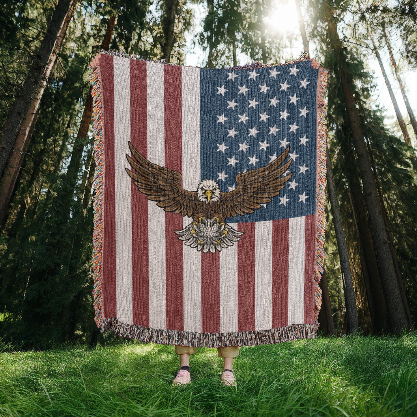 Woven blanket featuring a powerful bald eagle soaring over the American flag, a tribute to strength and patriotism1