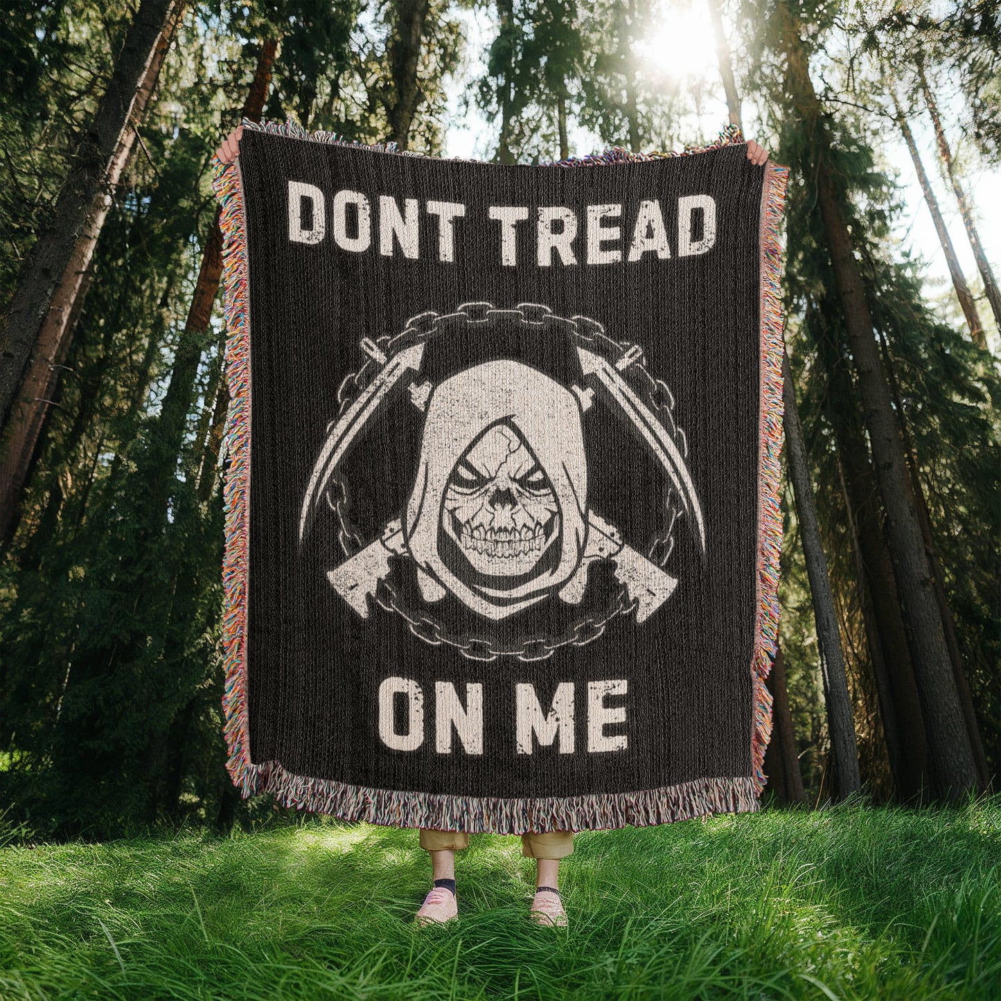 Woven blanket featuring a Grim Reaper with rifles and chains, designed for bikers, patriots, and defenders of freedom 2