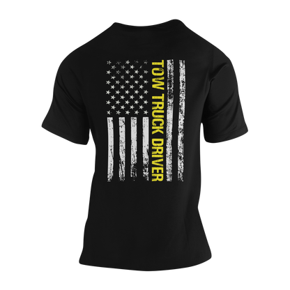 Tow Truck Driver Distressed Flag T-Shirt (Backside Print)