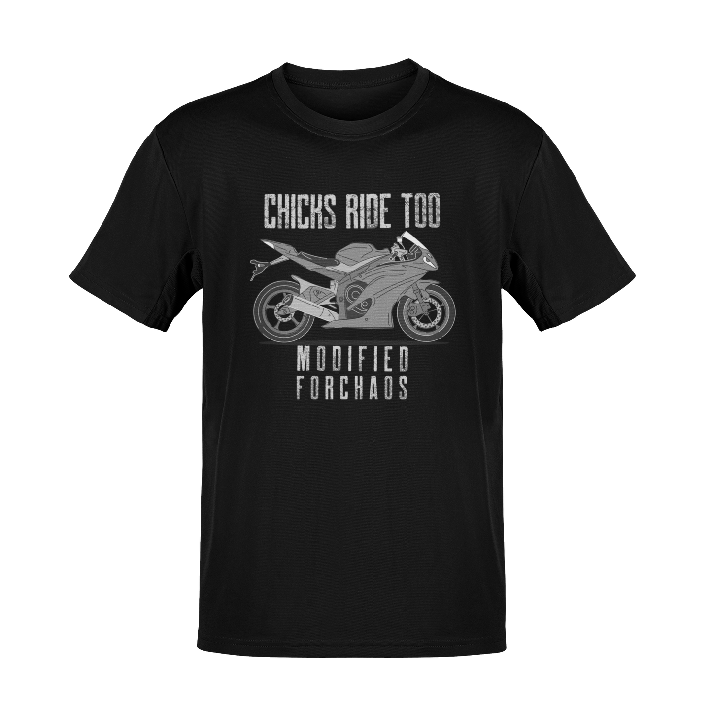 Chicks Ride Too – Modified FORCHAOS Sport Bike Graphic T-Shirt