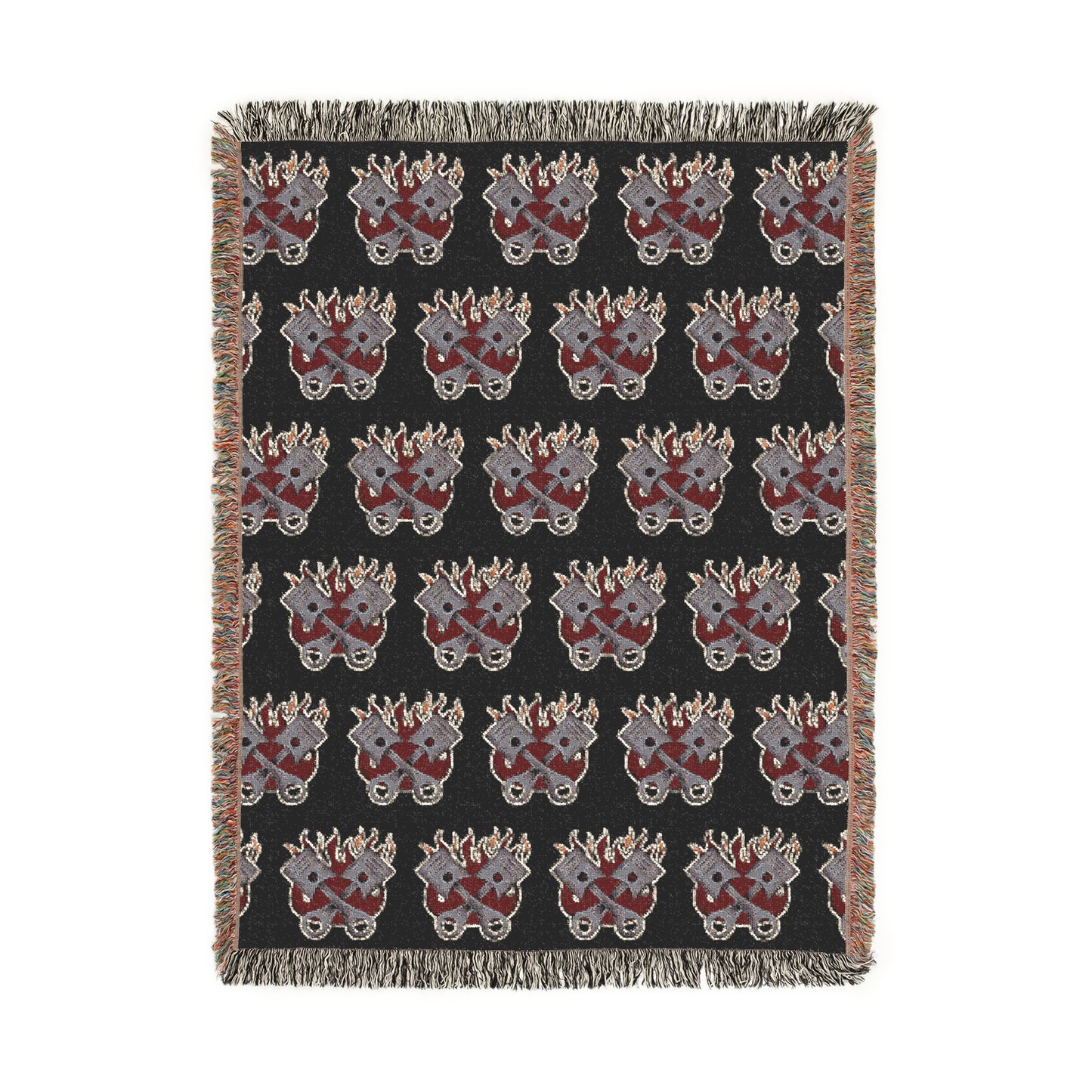 Made to Burn Pattern Woven Blanket – Repeating Flame & Piston Design