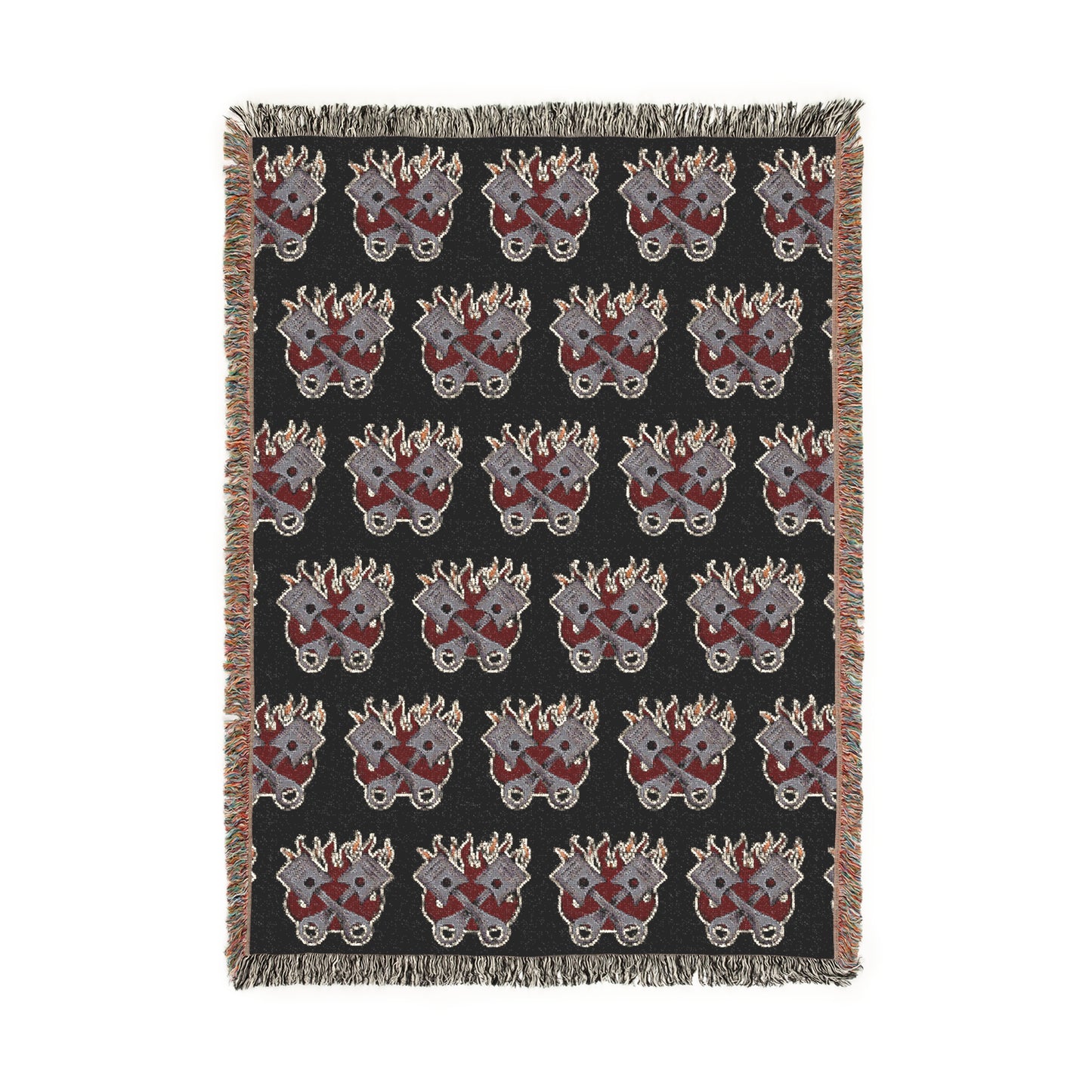 Made to Burn Pattern Woven Blanket – Repeating Flame & Piston Design