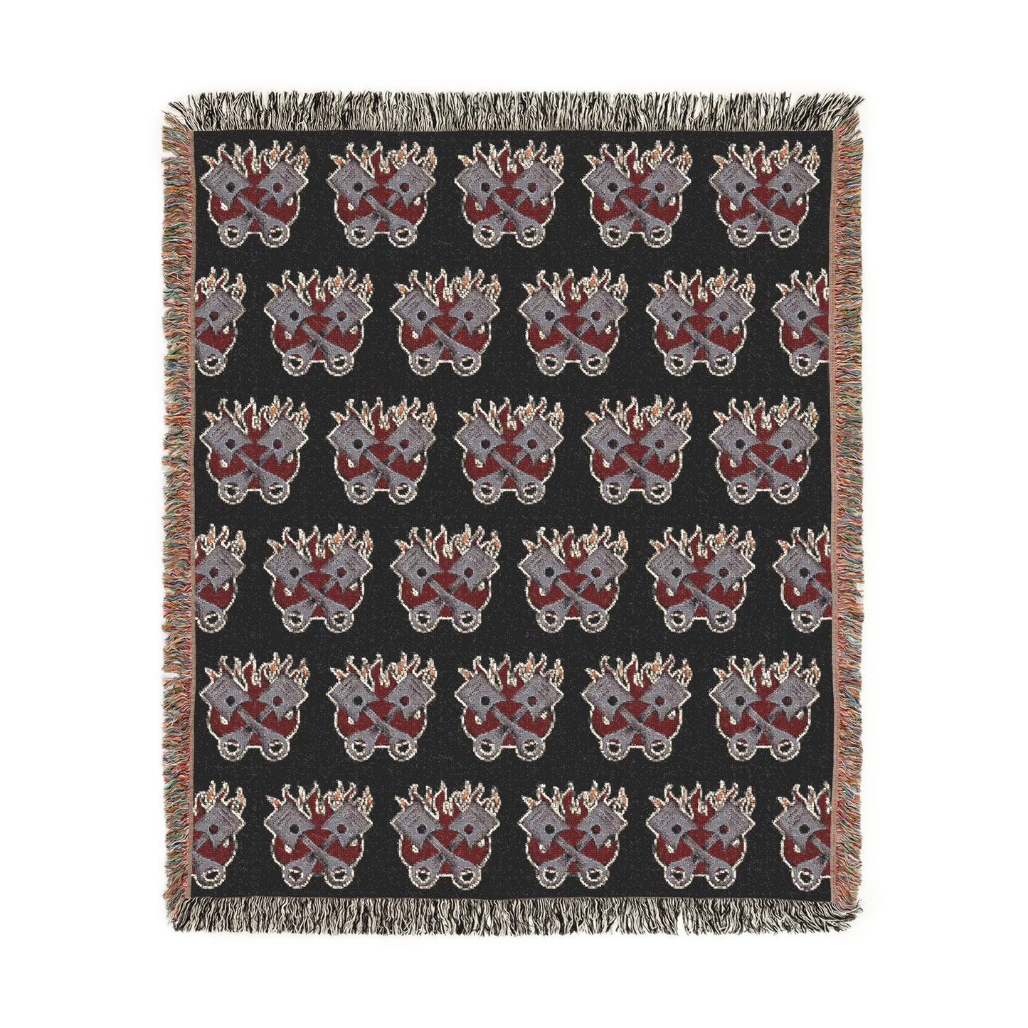 Made to Burn Pattern Woven Blanket – Repeating Flame & Piston Design