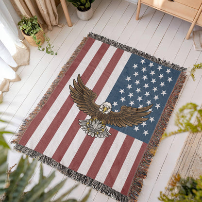 Woven blanket featuring a powerful bald eagle soaring over the American flag, a tribute to strength and patriotism 3