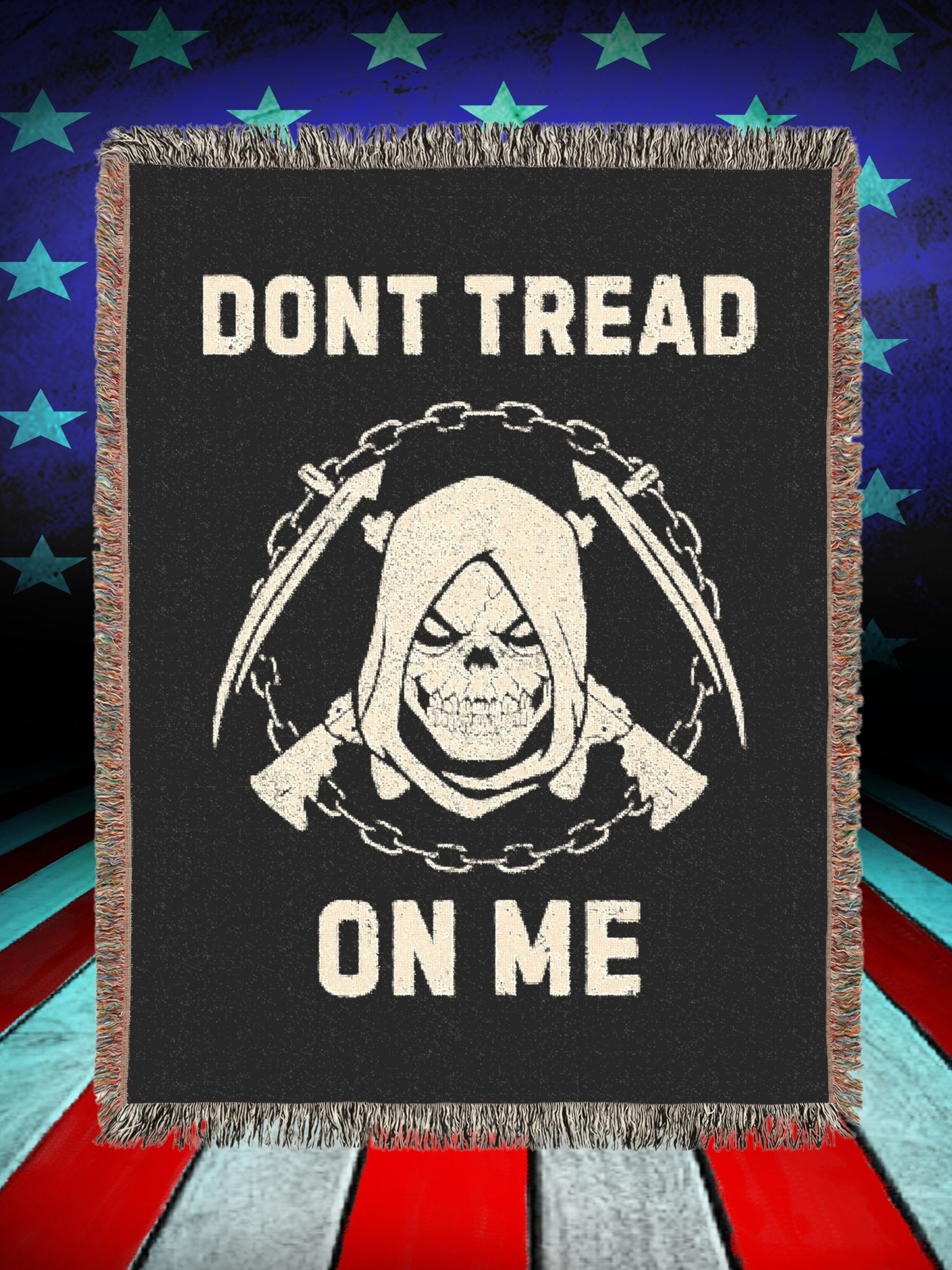 Woven blanket featuring a Grim Reaper with rifles and chains, designed for bikers, patriots, and defenders of freedom