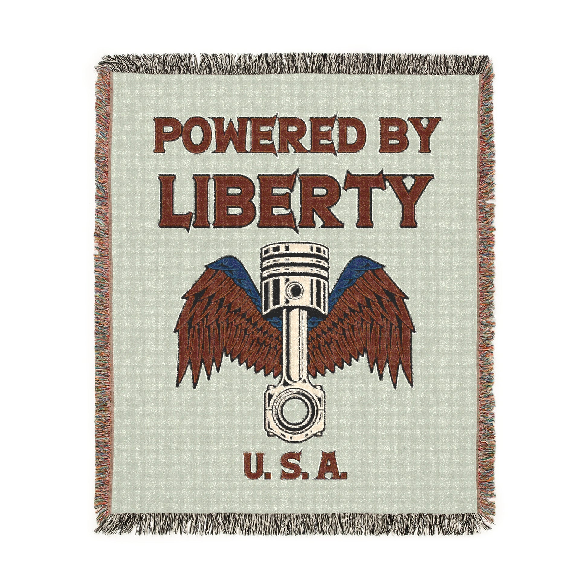 Woven blanket featuring an eagle-winged piston in red, white, and blue, symbolizing American pride and freedom 3