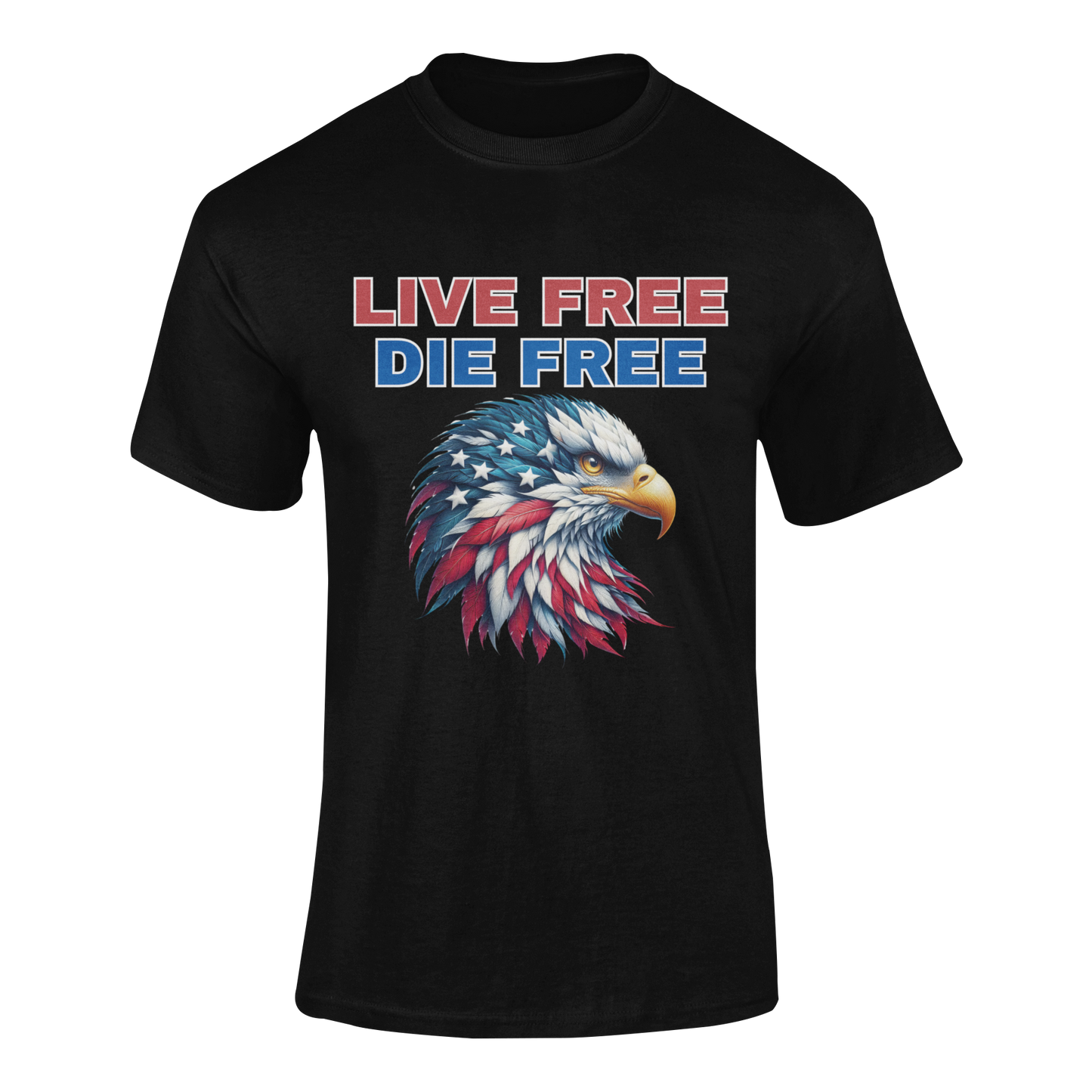 Live Free Die Free t-shirt featuring a patriotic bald eagle in red, white, and blue with stars and stripes in 11 different colors.