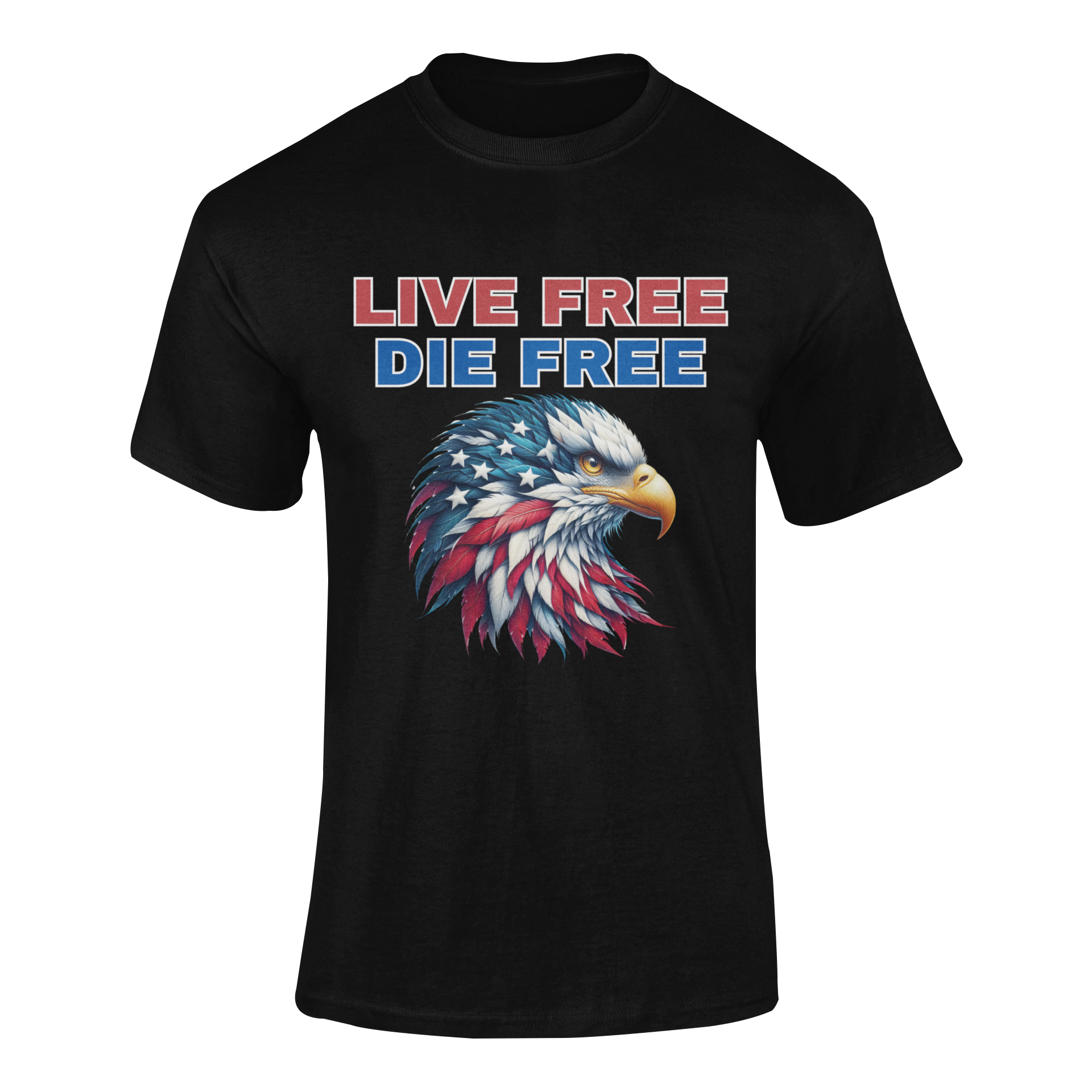 Live Free Die Free t-shirt featuring a patriotic bald eagle in red, white, and blue with stars and stripes in 11 different colors.