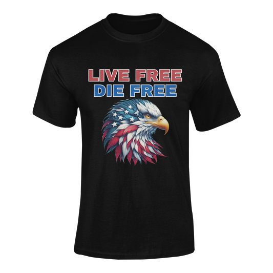 Live Free Die Free t-shirt featuring a patriotic bald eagle in red, white, and blue with stars and stripes in 11 different colors.