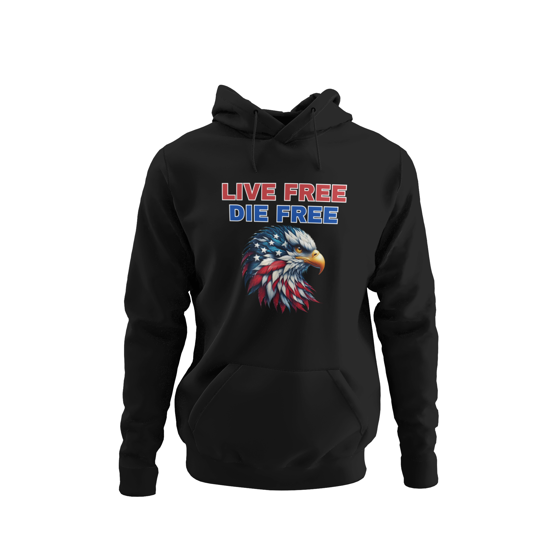 Live Free Die Free hoodie featuring a patriotic bald eagle with red, white, and blue feathers and bold text.