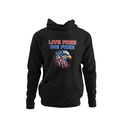 Live Free Die Free hoodie featuring a patriotic bald eagle with red, white, and blue feathers and bold text.