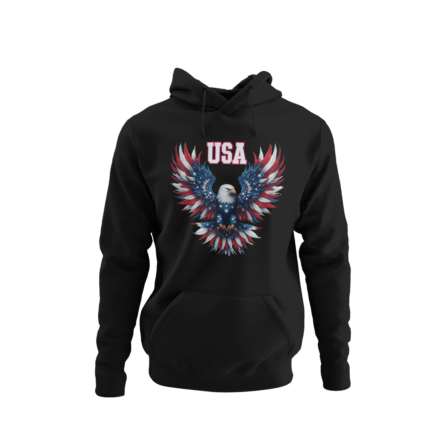 Patriotic USA eagle hoodie featuring a bold red, white, and blue eagle with wings spread wide, perfect for veterans, active military, and proud Americans - available in 13 colors.