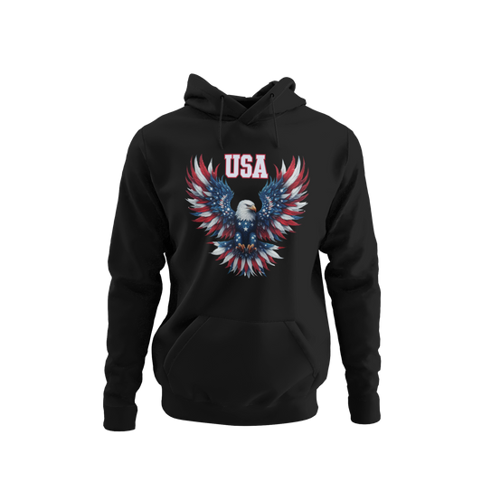 Patriotic USA eagle hoodie featuring a bold red, white, and blue eagle with wings spread wide, perfect for veterans, active military, and proud Americans - available in 13 colors.