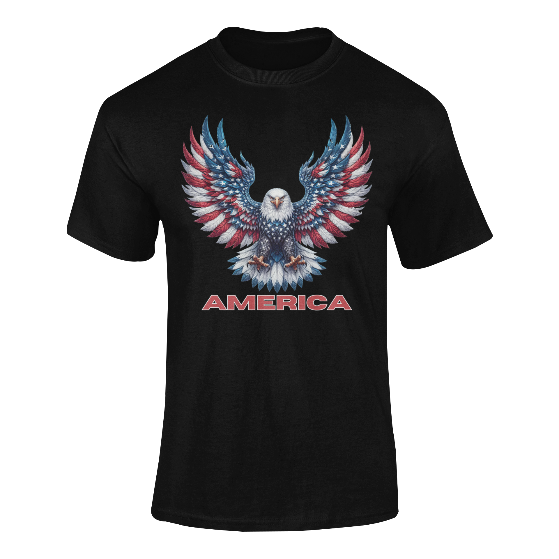 Patriotic bald eagle with red, white, and blue feathers, wings spread wide, with the word "AMERICA" in bold lettering beneath - in 12 different colors.