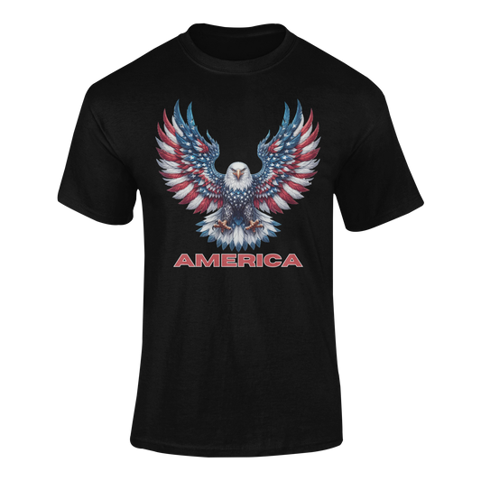 Patriotic bald eagle with red, white, and blue feathers, wings spread wide, with the word "AMERICA" in bold lettering beneath - in 12 different colors.