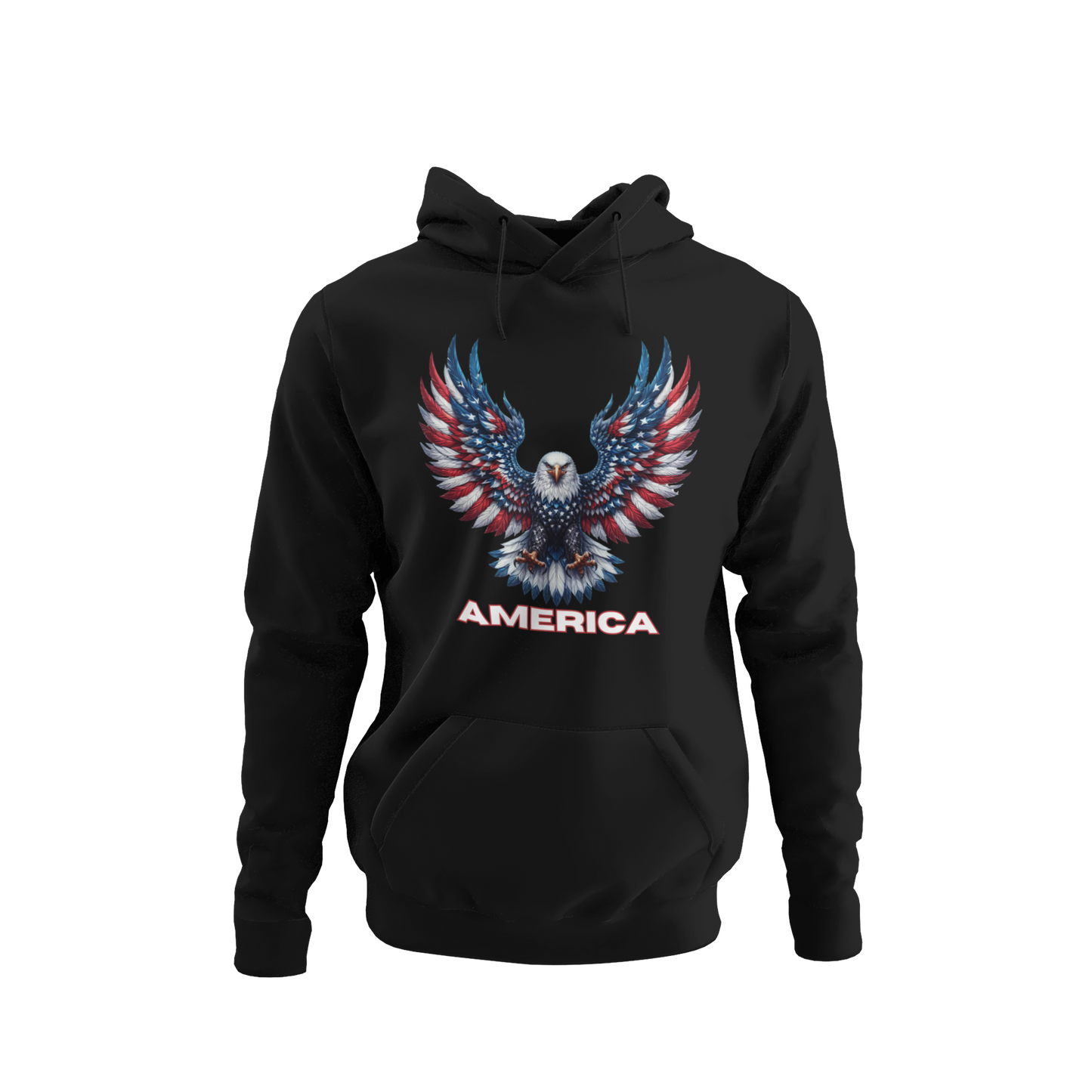 Patriotic bald eagle with red, white, and blue feathers, wings spread wide, with "AMERICA" in bold lettering beneath, printed on a hoodie in 13 colors.