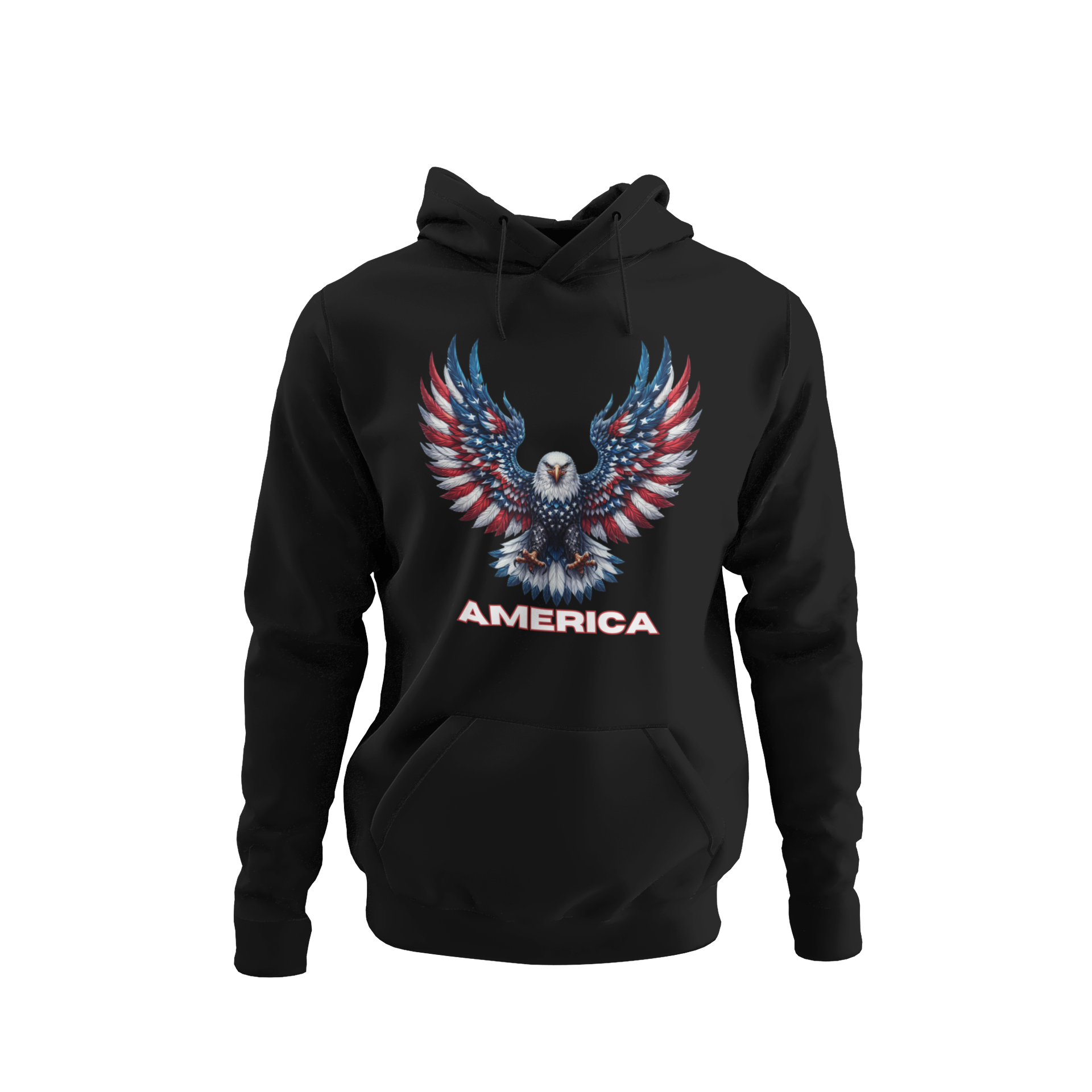 Patriotic bald eagle with red, white, and blue feathers, wings spread wide, with "AMERICA" in bold lettering beneath, printed on a hoodie in 13 colors.