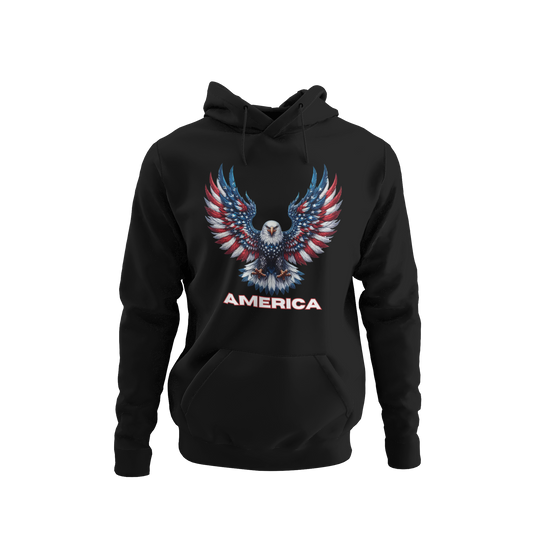 Patriotic bald eagle with red, white, and blue feathers, wings spread wide, with "AMERICA" in bold lettering beneath, printed on a hoodie in 13 colors.