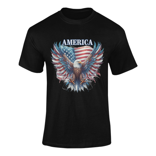 Vintage-style bald eagle with spread wings clutching the American flag, "AMERICA" in bold text above, printed on a patriotic t-shirt in 13 different colors.