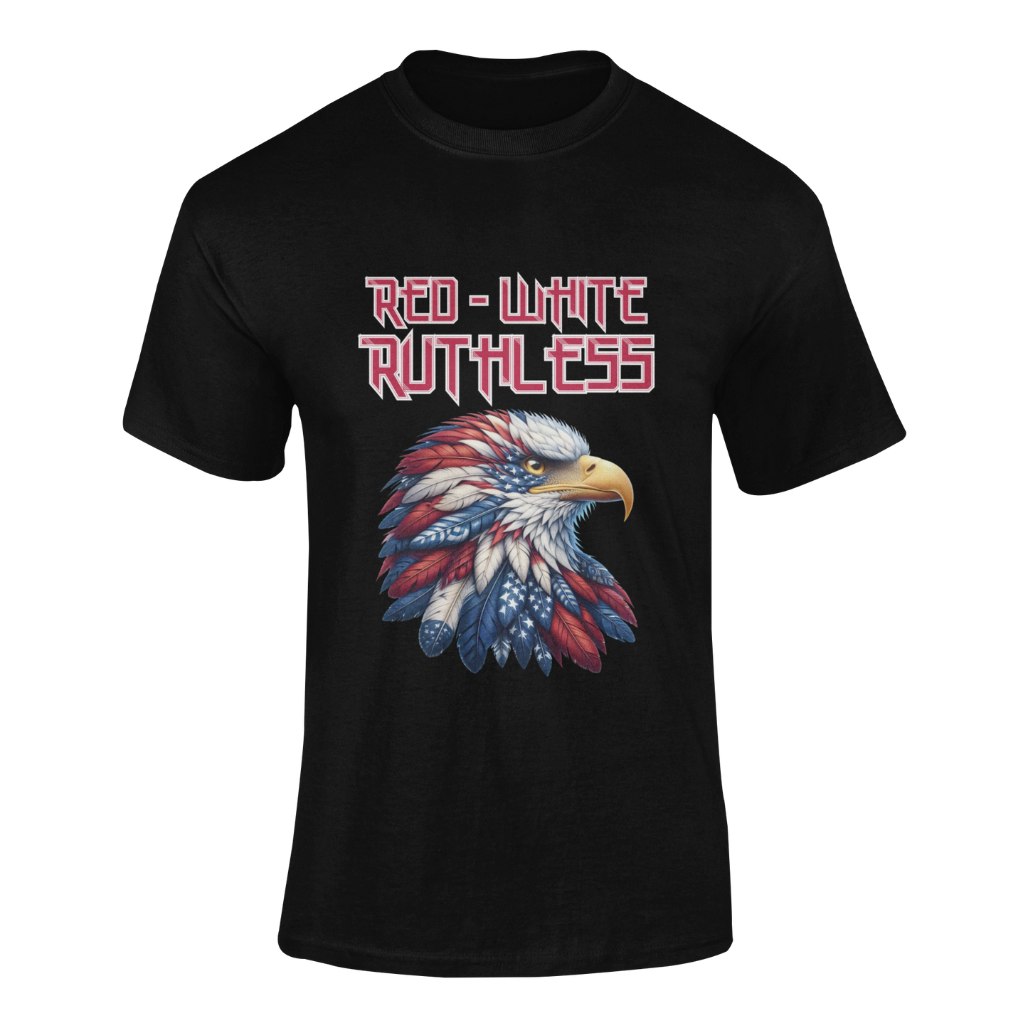 Patriotic bald eagle with red, white, and blue feathers, bold "Red - White - Ruthless" text above, printed on a t-shirt in 13 colors.