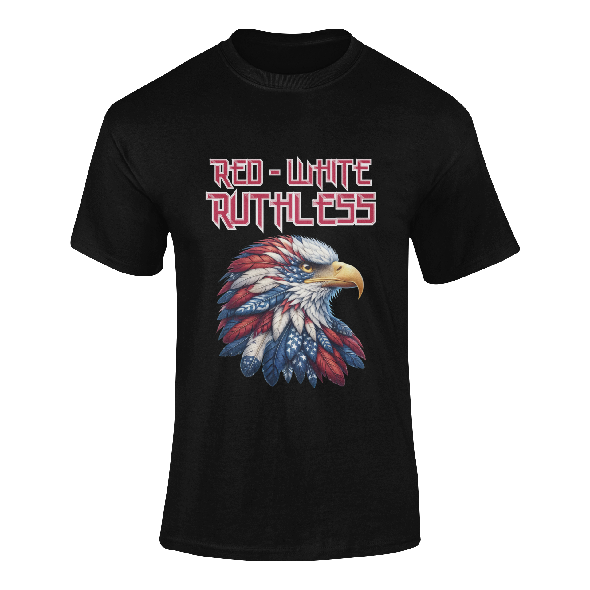 Patriotic bald eagle with red, white, and blue feathers, bold "Red - White - Ruthless" text above, printed on a t-shirt in 13 colors.