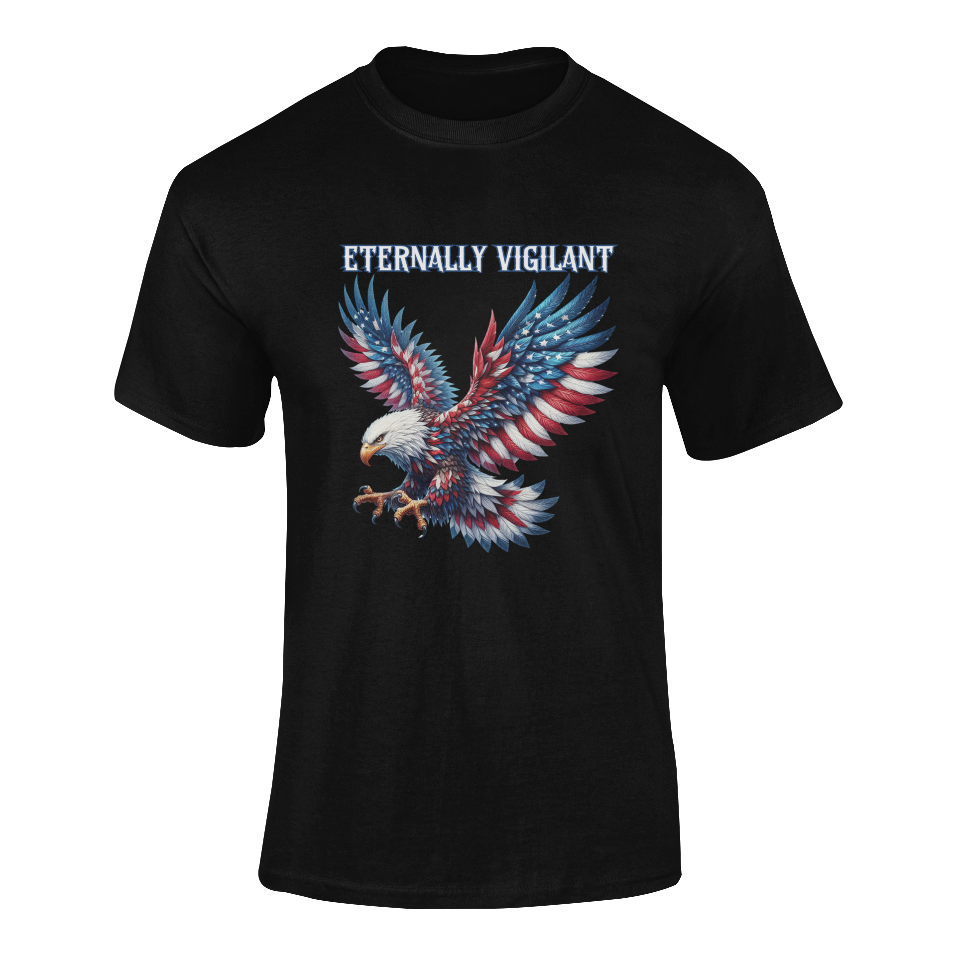 Patriotic t-shirt featuring a fierce bald eagle with American flag wings, sharp talons, and the words “Eternally Vigilant” in bold, gothic lettering, available in 12 colors.