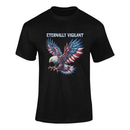 Patriotic t-shirt featuring a fierce bald eagle with American flag wings, sharp talons, and the words “Eternally Vigilant” in bold, gothic lettering, available in 12 colors.