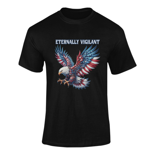 Patriotic t-shirt featuring a fierce bald eagle with American flag wings, sharp talons, and the words “Eternally Vigilant” in bold, gothic lettering, available in 12 colors.