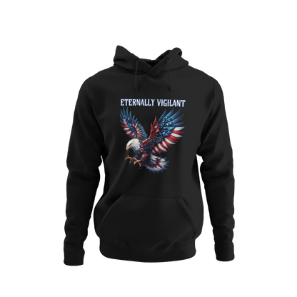 Patriotic hoodie featuring a fierce bald eagle with American flag wings, sharp talons, and the words “Eternally Vigilant” in bold, gothic lettering, available in 12 colors. 