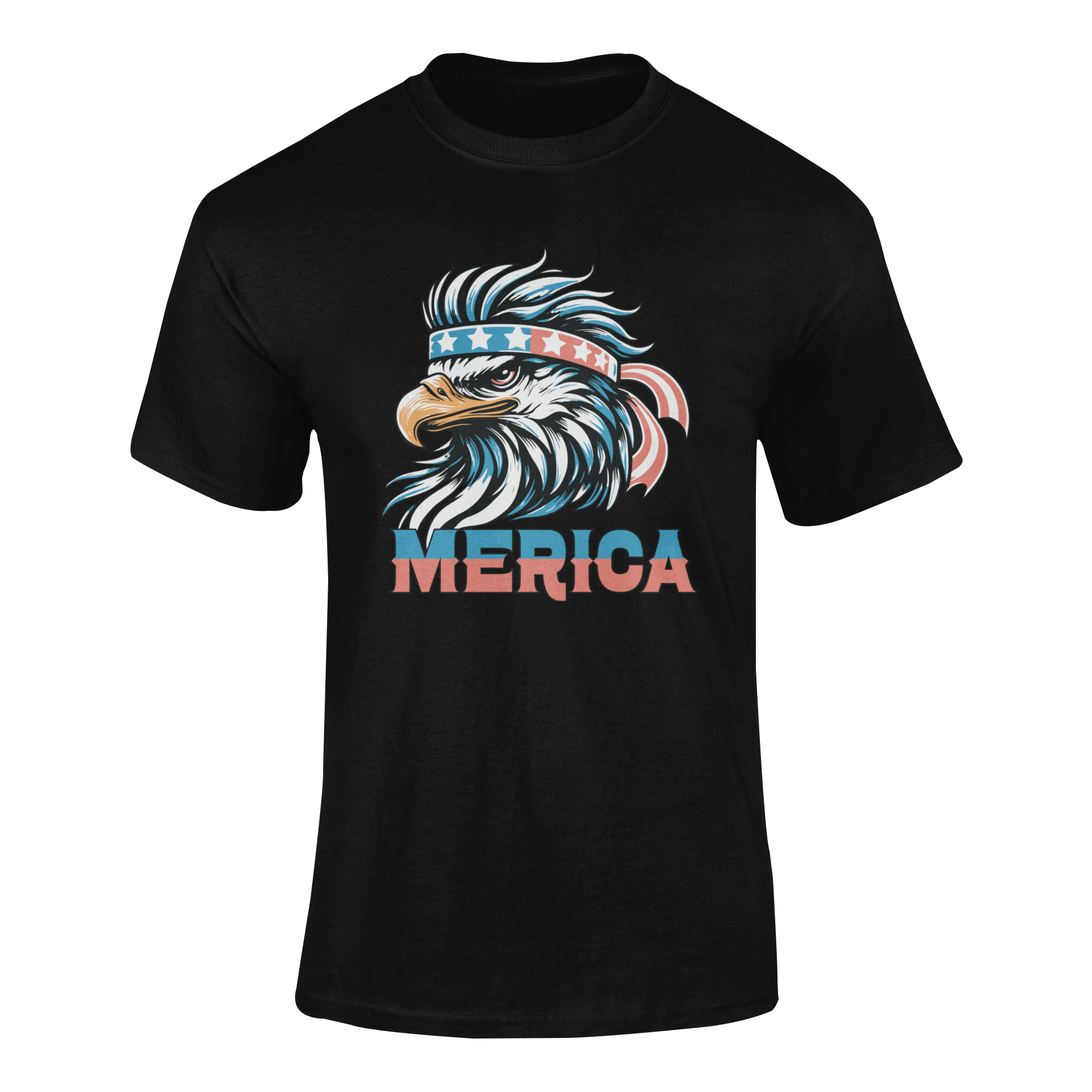 Funny patriotic t-shirt featuring a fierce bald eagle wearing an American flag headband with the word 'MERICA in bold red, white, and blue lettering.