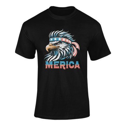 Funny patriotic t-shirt featuring a fierce bald eagle wearing an American flag headband with the word 'MERICA in bold red, white, and blue lettering.