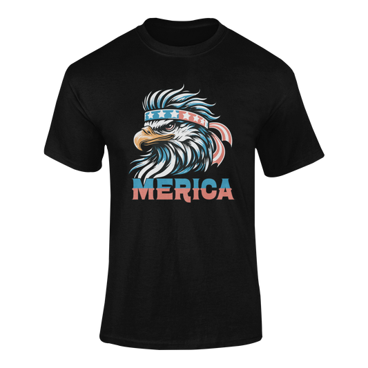 Funny patriotic t-shirt featuring a fierce bald eagle wearing an American flag headband with the word 'MERICA in bold red, white, and blue lettering.