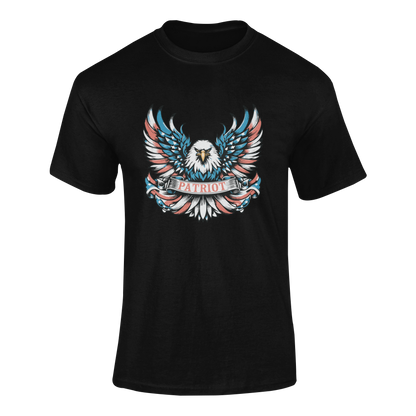 Patriotic t-shirt featuring a bold bald eagle with red, white, and blue wings holding a Patriot banner, wrapped in an American flag design in 12 colors.