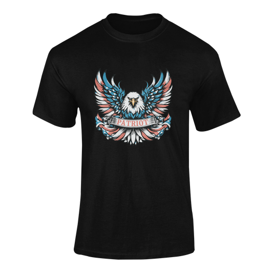 Patriotic t-shirt featuring a bold bald eagle with red, white, and blue wings holding a Patriot banner, wrapped in an American flag design in 12 colors.