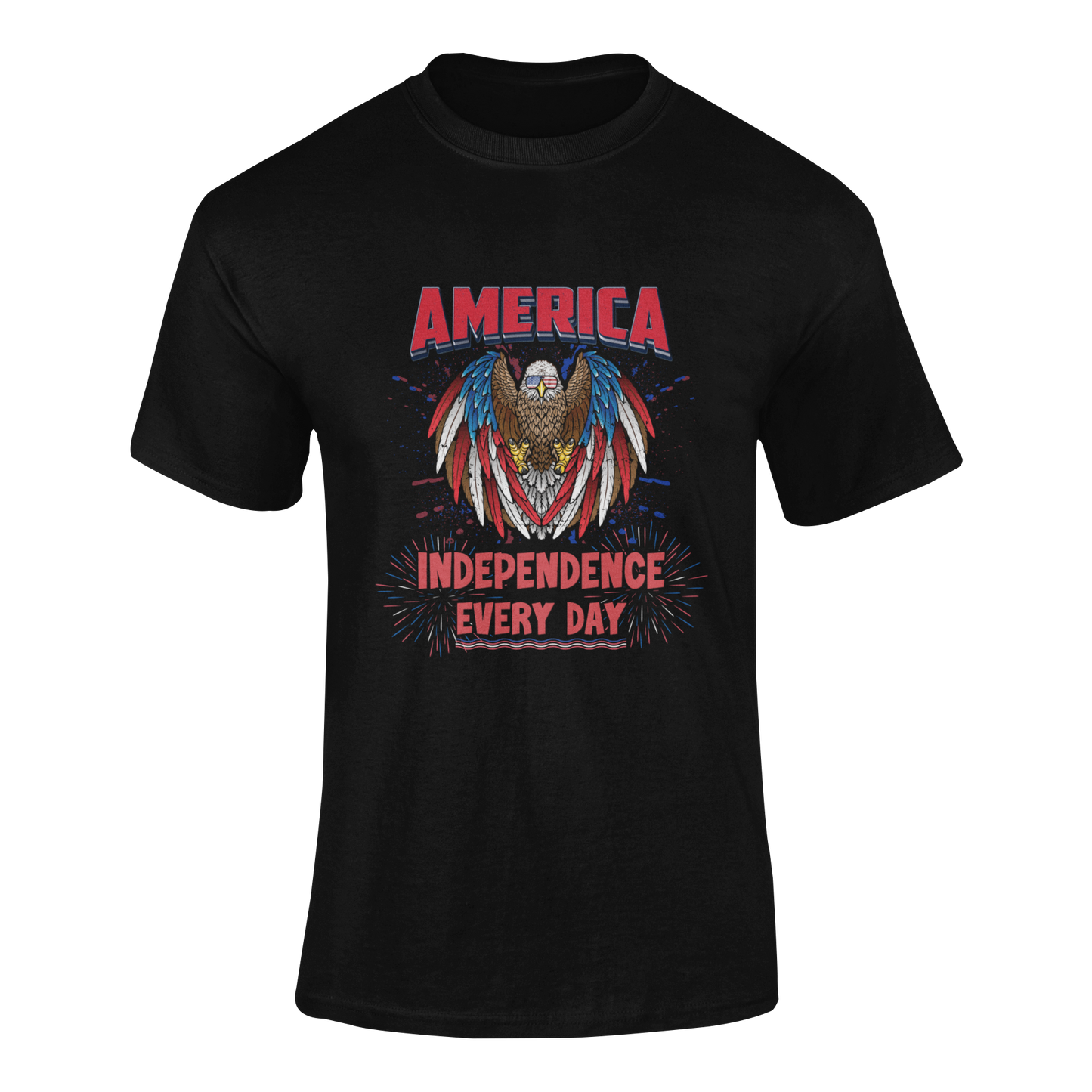 Patriotic t-shirt featuring a fierce bald eagle wearing American flag sunglasses, draped in red, white, and blue feathers, with fireworks and the phrase Independence Every Day in bold letters - available in 5 colors.