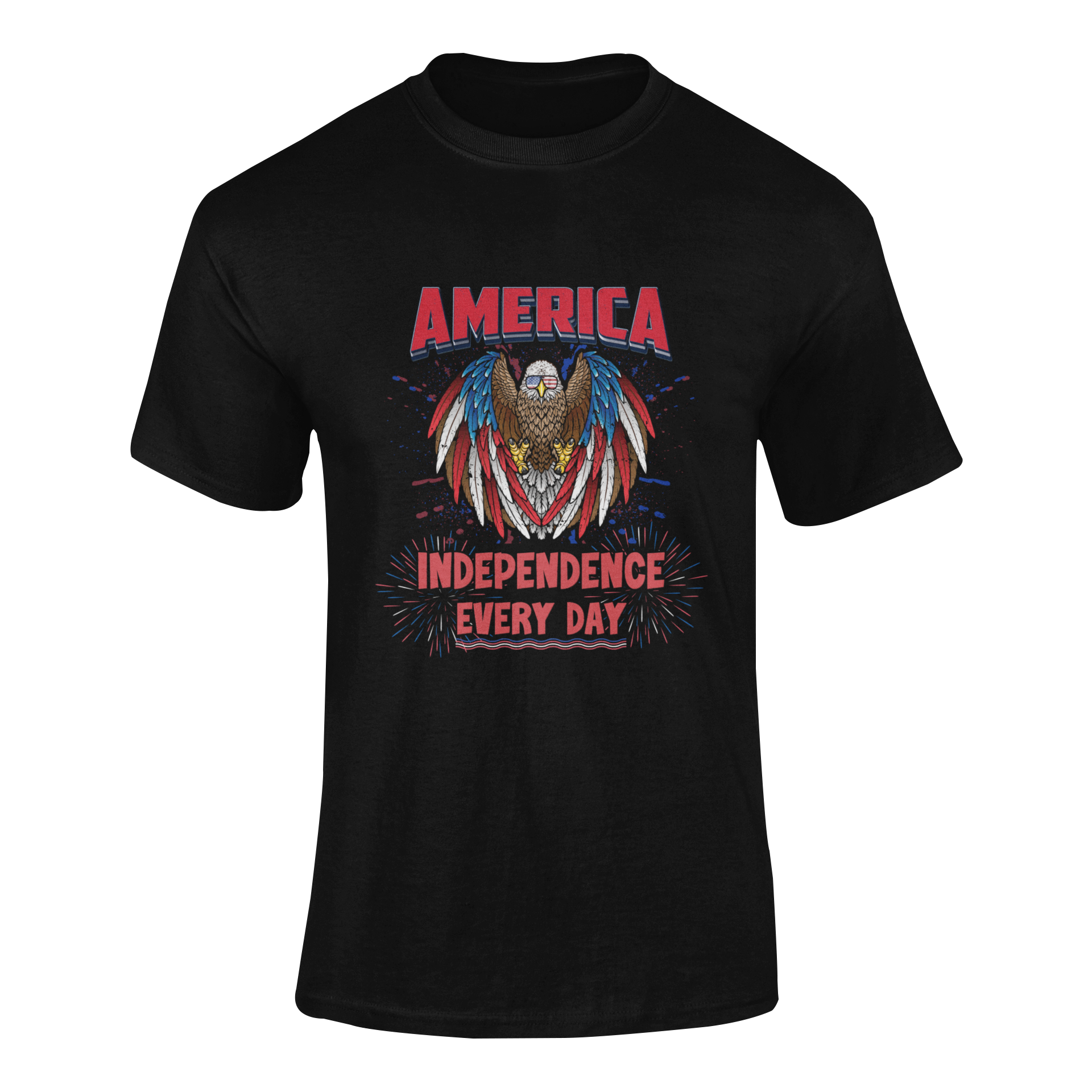 Patriotic t-shirt featuring a fierce bald eagle wearing American flag sunglasses, draped in red, white, and blue feathers, with fireworks and the phrase Independence Every Day in bold letters - available in 5 colors.